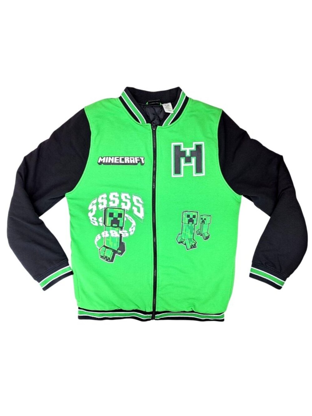 Minecraft Creeper Varsity Jacket Bomber Black Green Kid Size 18/20 Zip Quilted